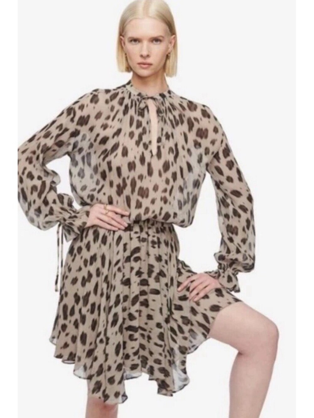 Anine Bing Elliana Leopard Dress Long Puff Sleeves Silk Chiffon Animal Sz MEDIUM